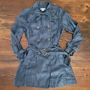 Liz Claiborne Dark Denim Jacket Belted Trench Coat Linen Blend size Large